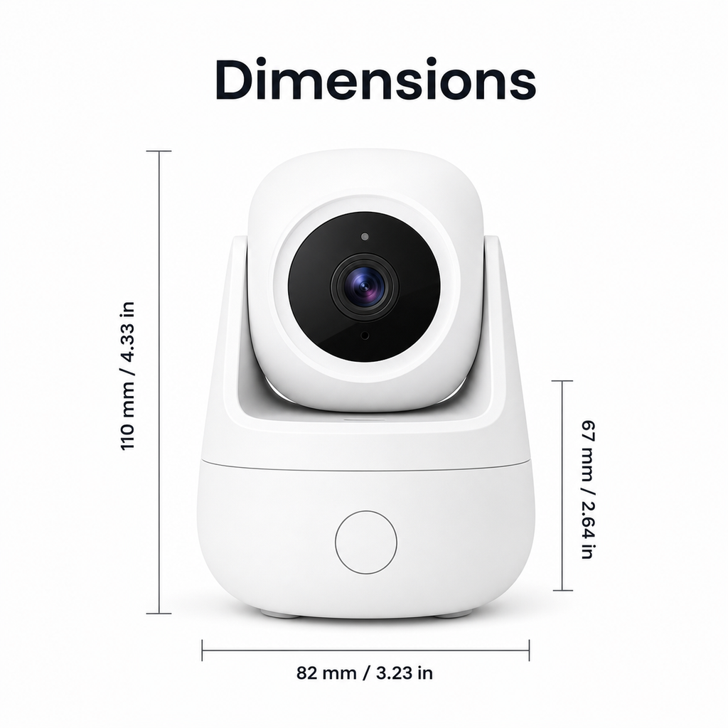Dimensions diagram for white indoor WiFi camera