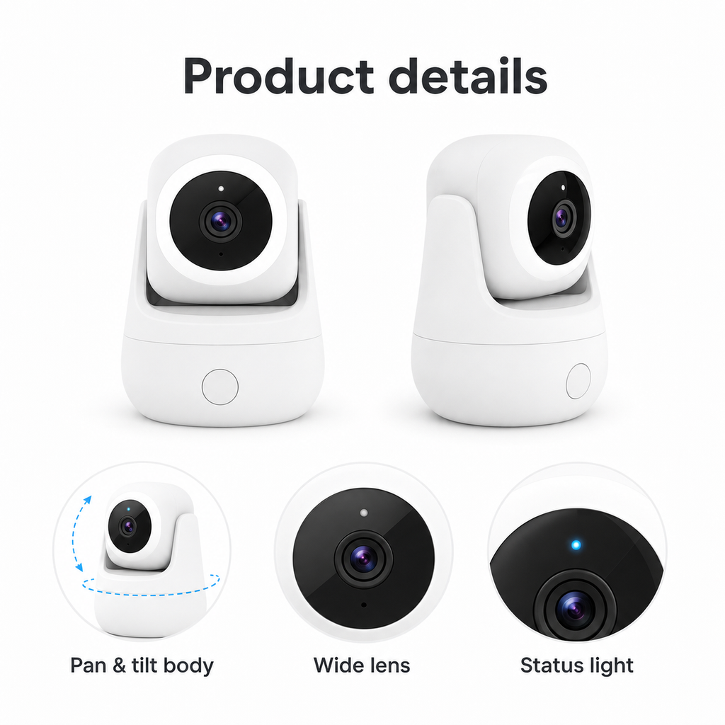 Product details overview for indoor WiFi camera