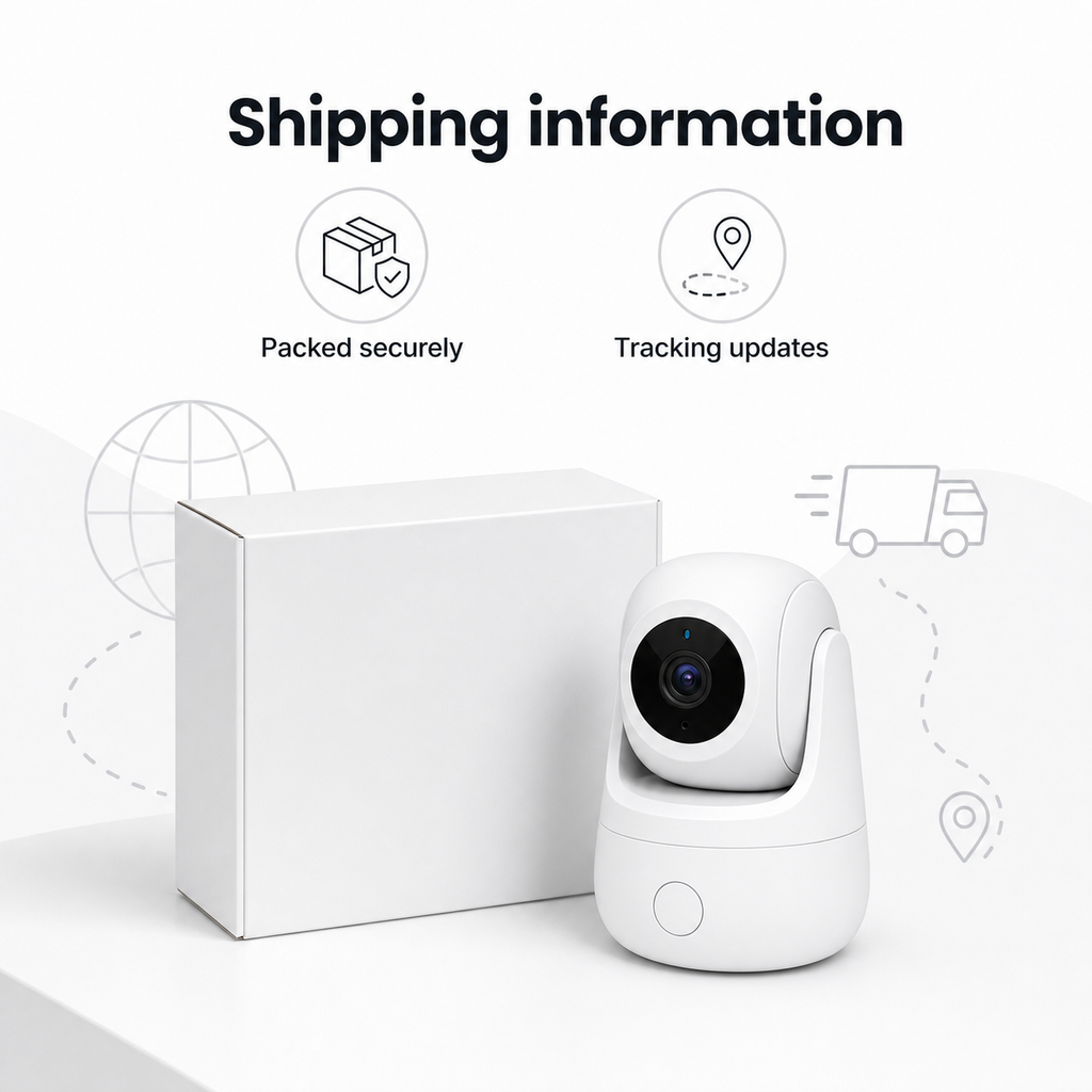 Shipping information overview with unbranded indoor camera