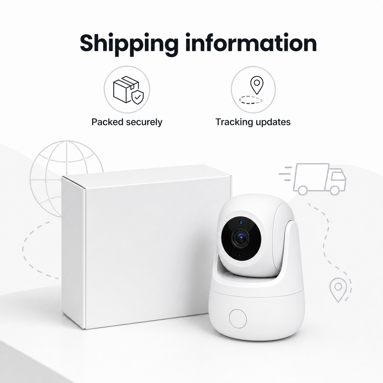Shipping information overview with unbranded indoor camera