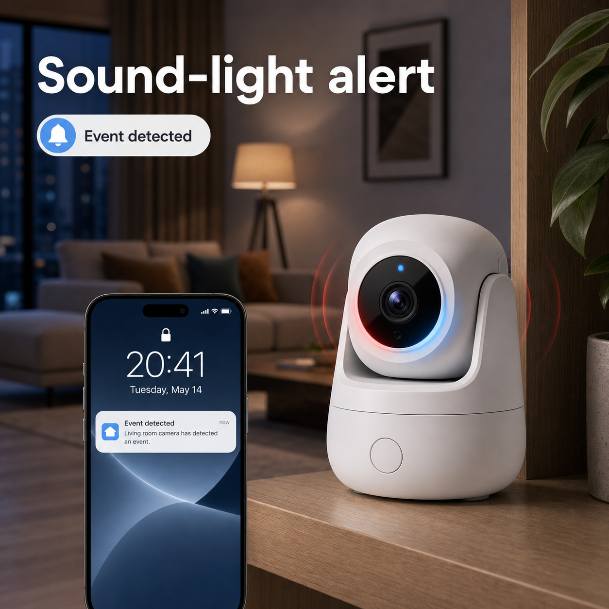 Sound and light alert feature for indoor WiFi camera