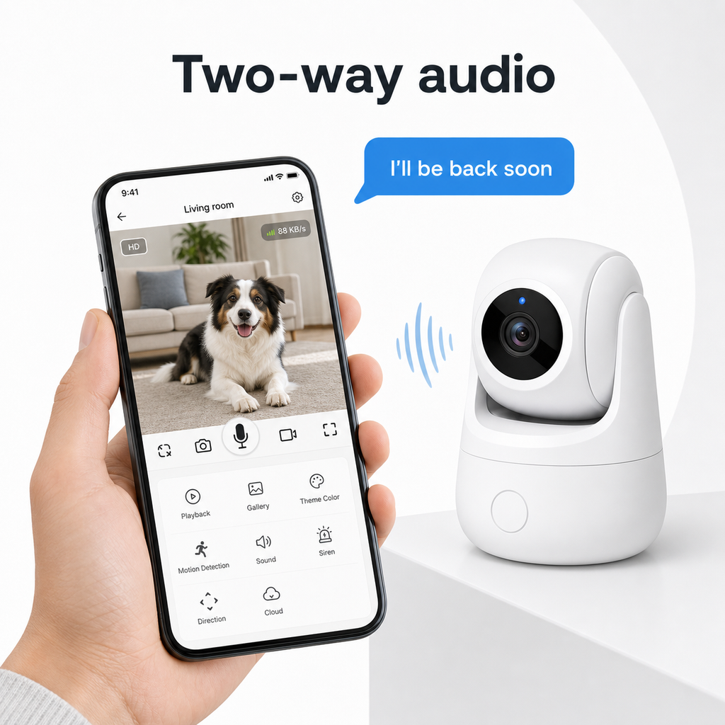 Secondary two-way audio feature with phone view for indoor camera
