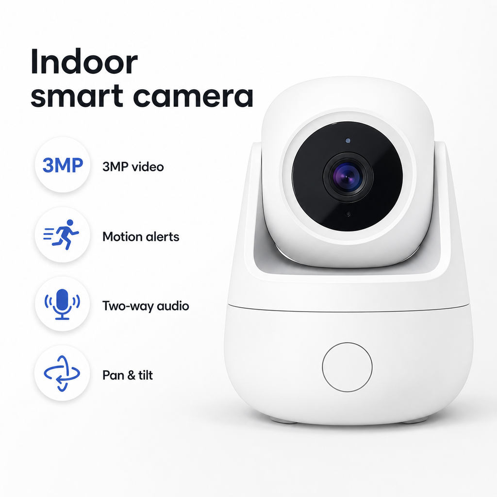 Studio packshot of white indoor WiFi motorized camera