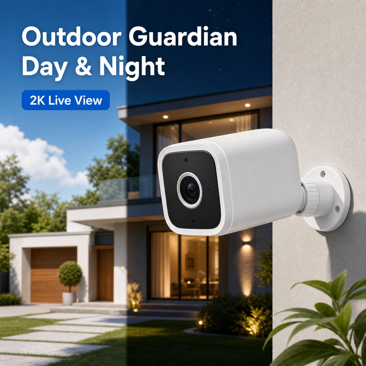 Day and night outdoor guardian scene with 2K security camera