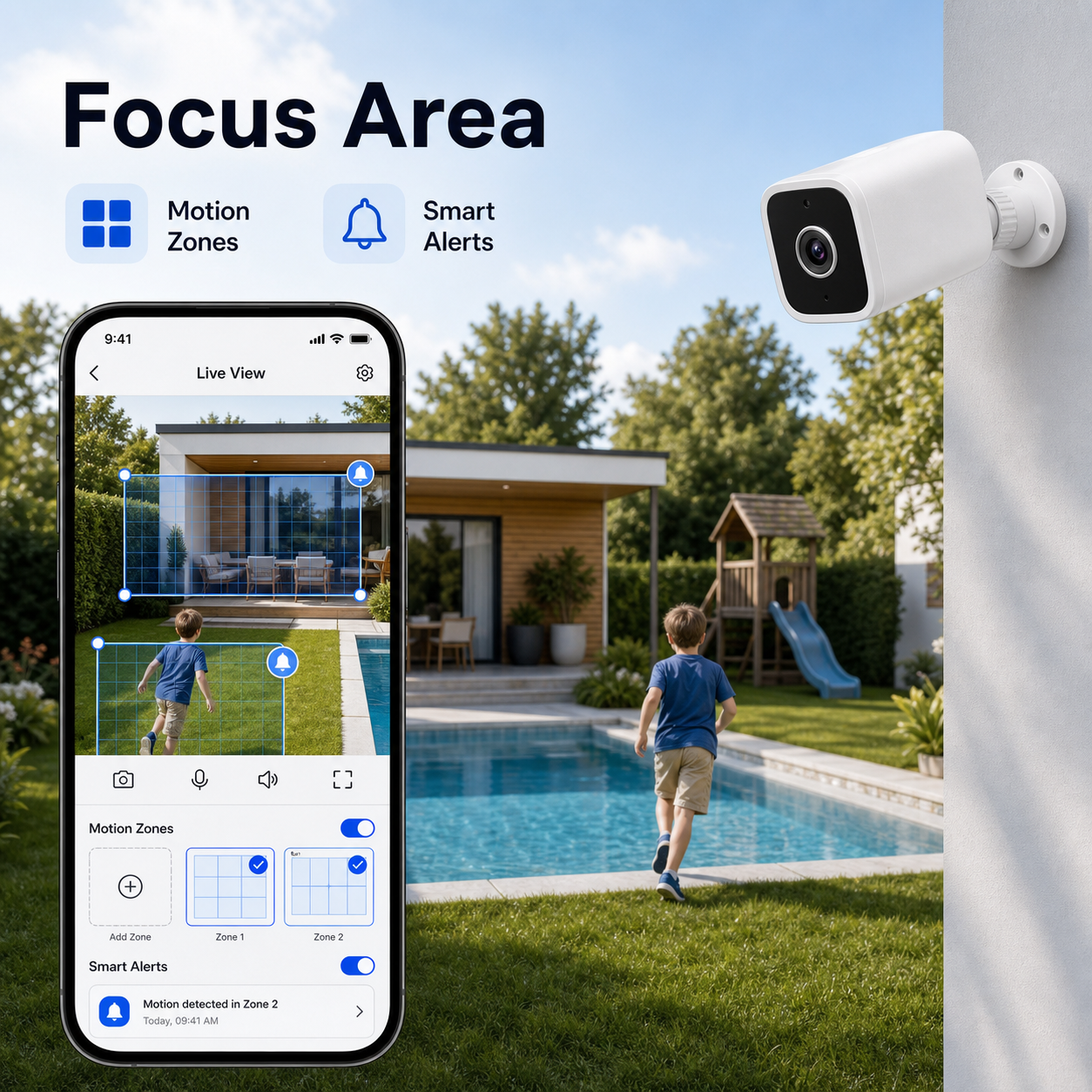 Focus area and motion zone monitoring visual for outdoor camera