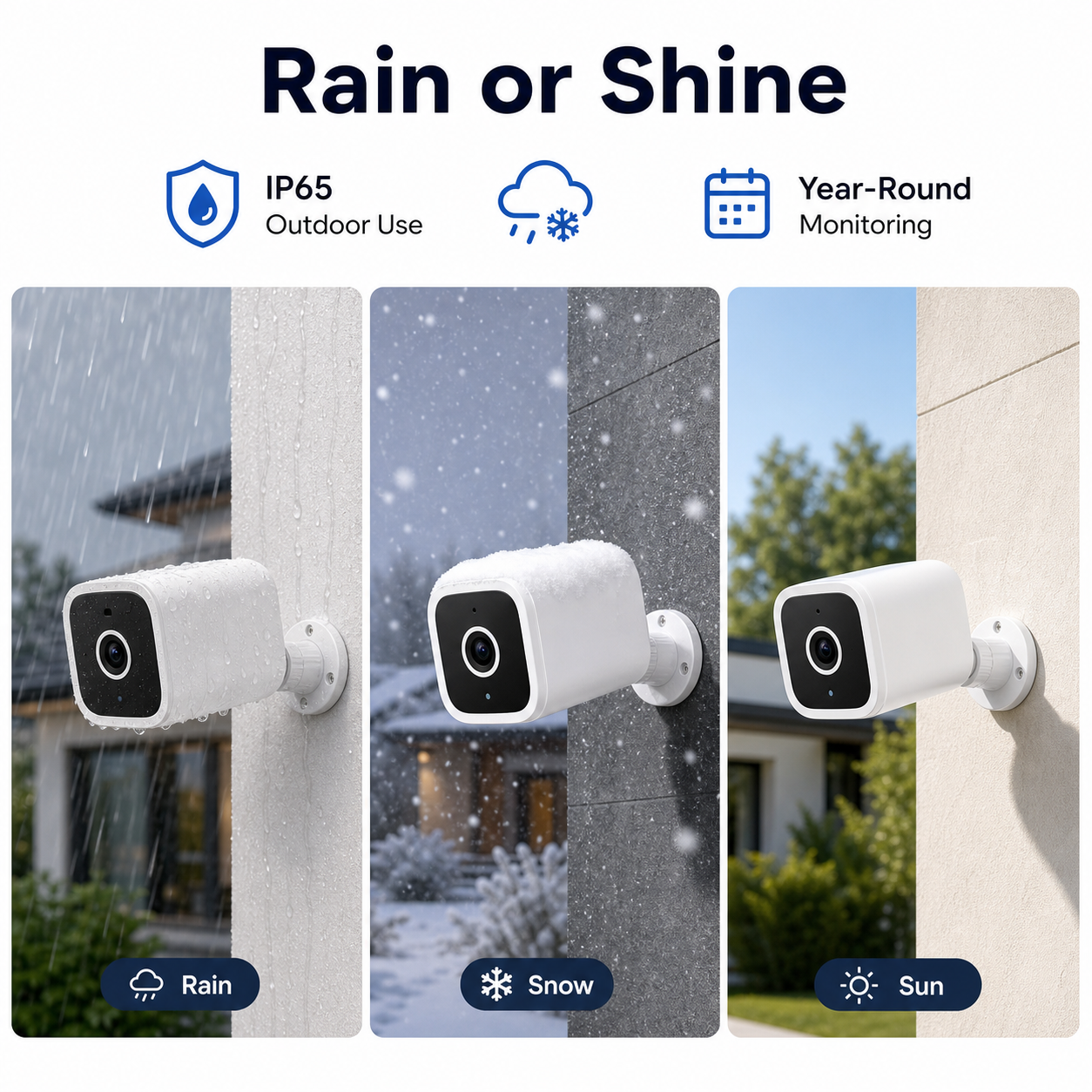 IP65 weather-resistant outdoor camera in rain snow and sun
