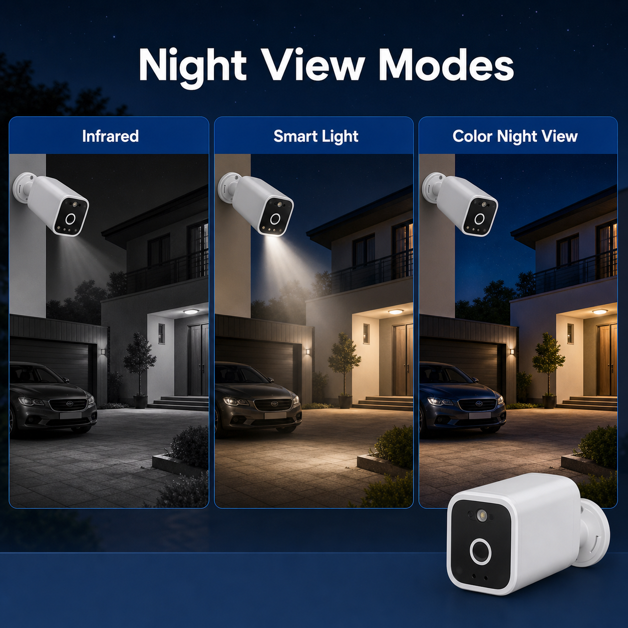 Night view modes comparison for outdoor 2K security camera