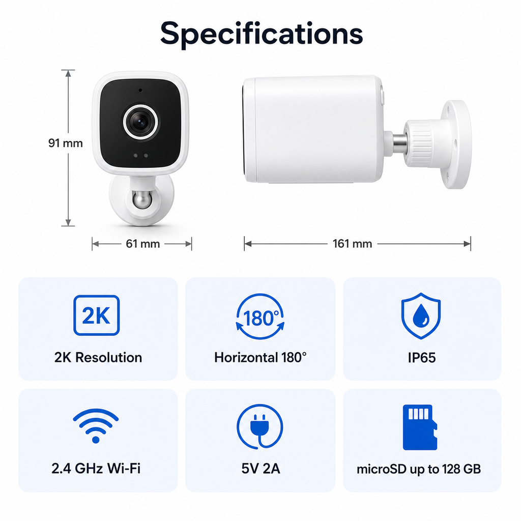 Specifications and dimensions for outdoor 2K IP65 Wi-Fi camera