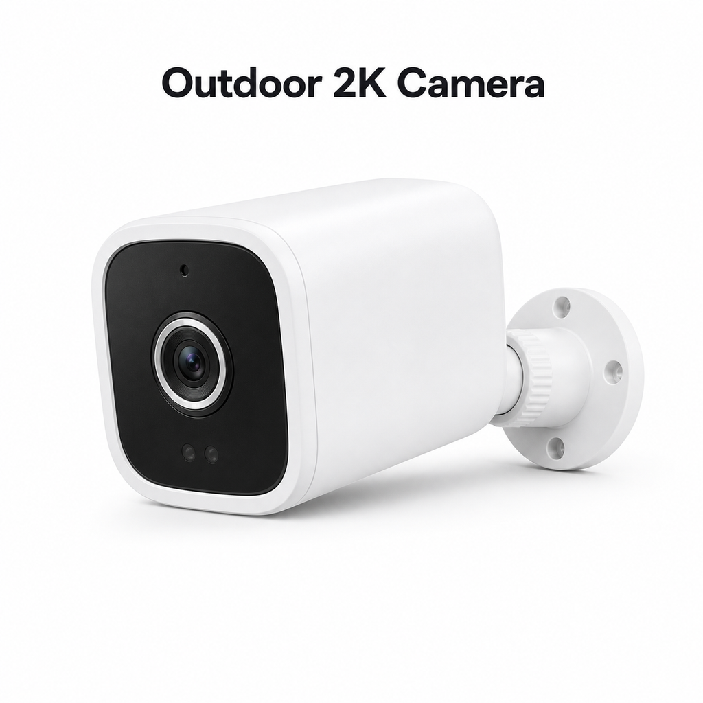 Clean studio packshot of outdoor 2K Wi-Fi security camera