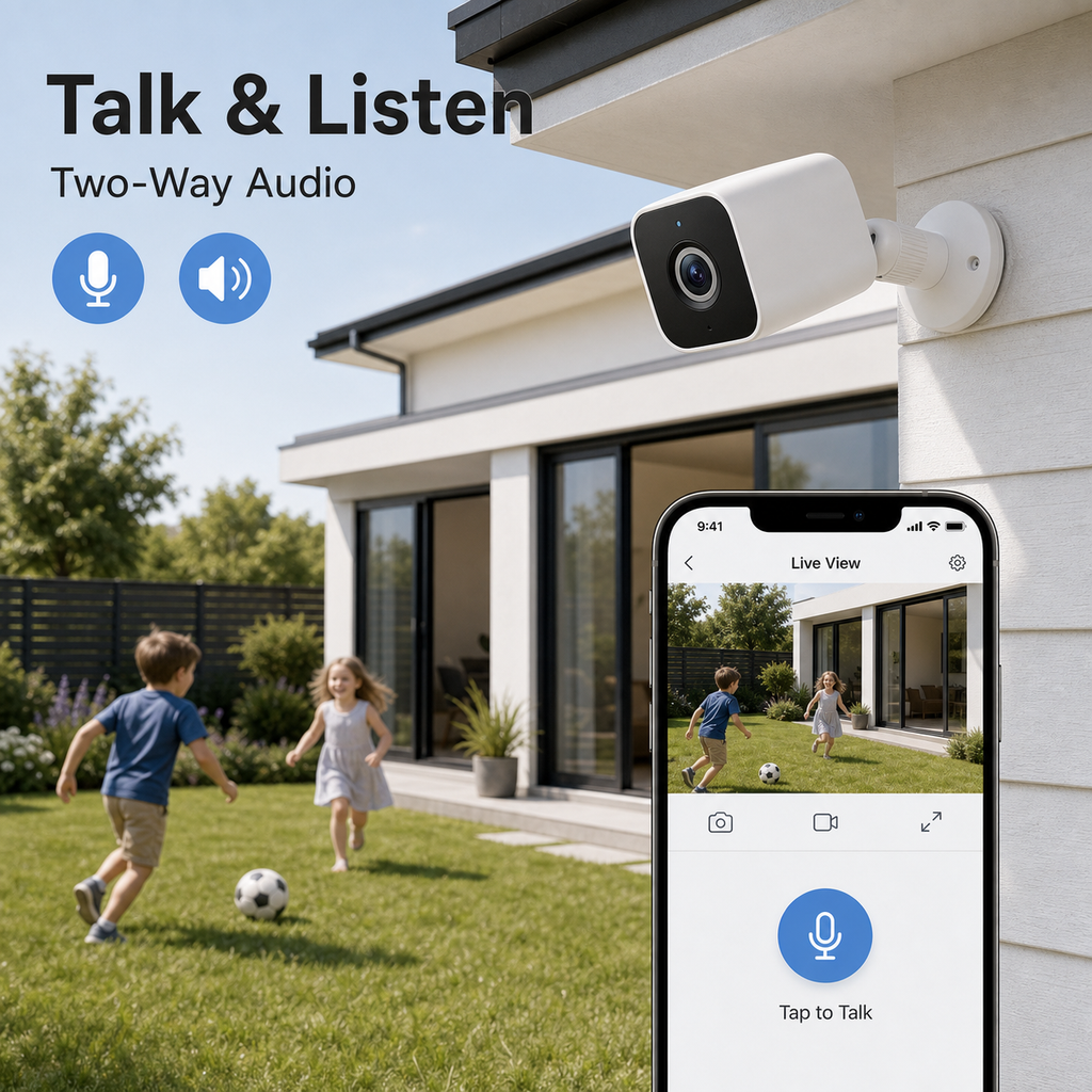 Two-way audio lifestyle scene for outdoor 2K Wi-Fi camera