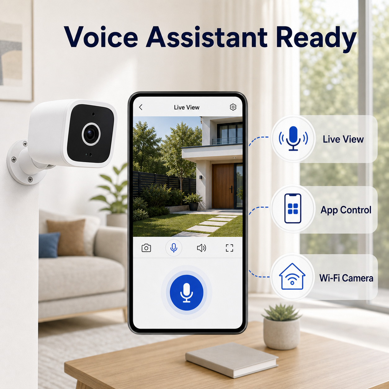 Generic voice assistant ready visual for outdoor Wi-Fi camera