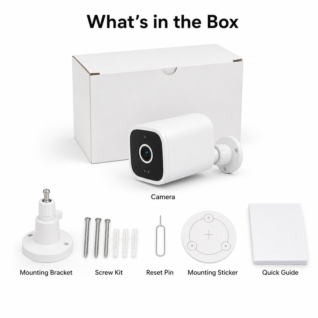 What's in the box layout for outdoor 2K camera and accessories