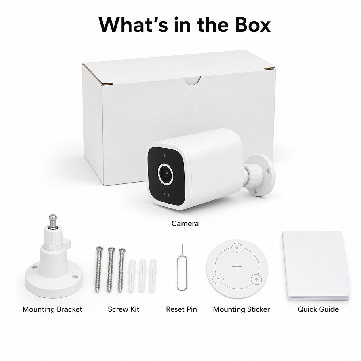 What's in the box layout for outdoor 2K camera and accessories