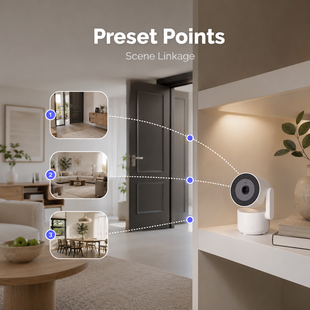 Preset points and scene linkage feature for indoor camera