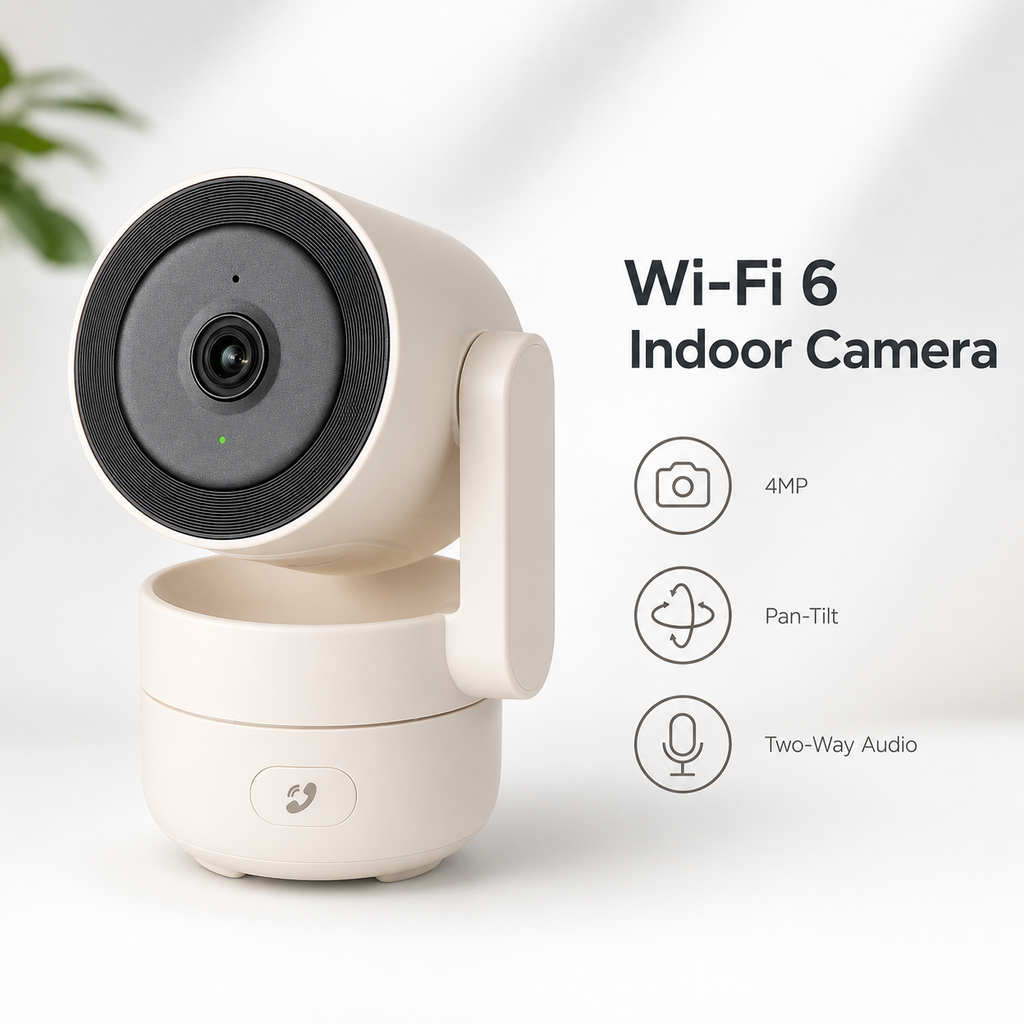 Studio packshot of Wi-Fi 6 indoor pan-tilt camera