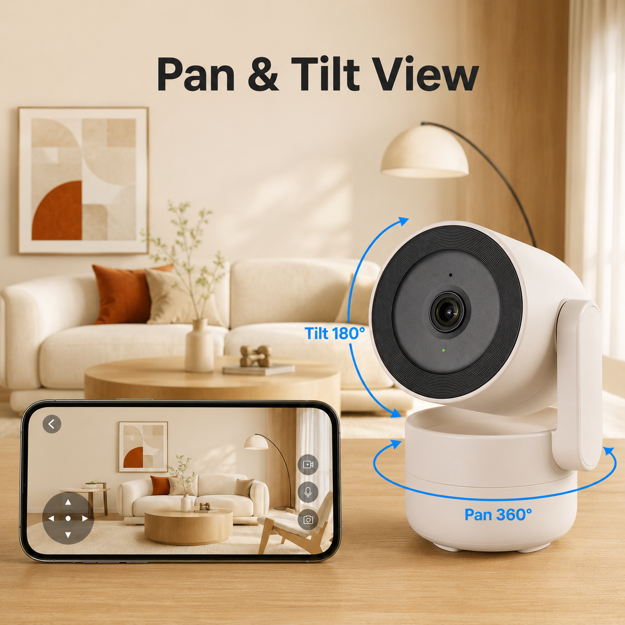 Pan and tilt room view for motorized indoor camera