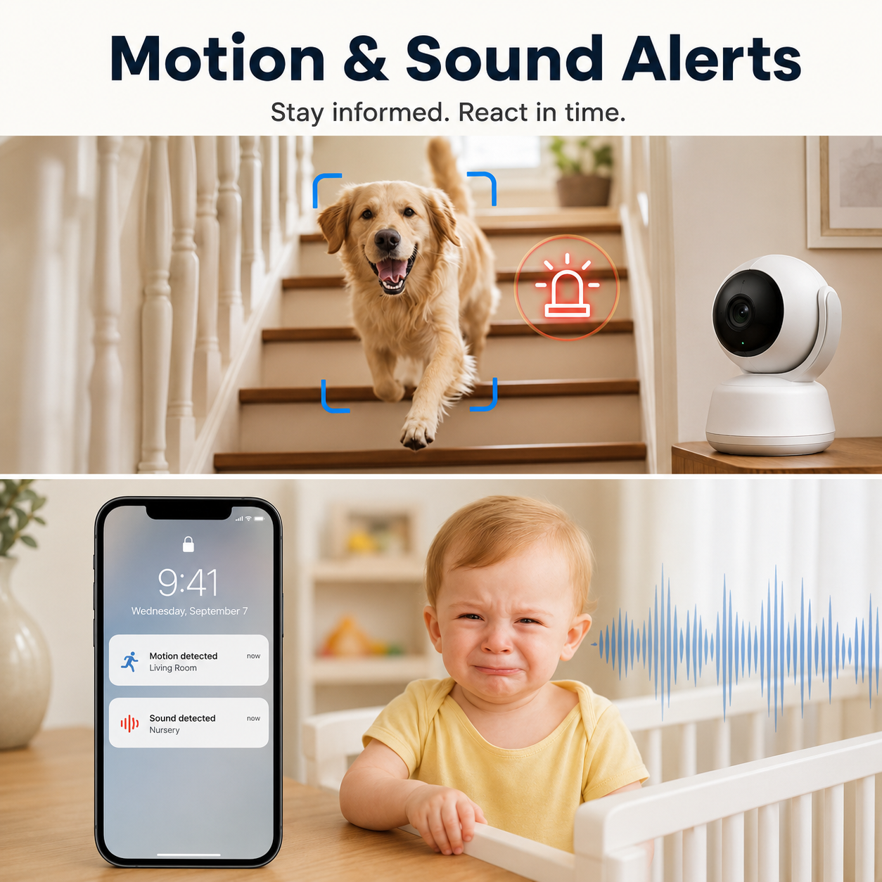 Motion and sound alerts visual for indoor camera