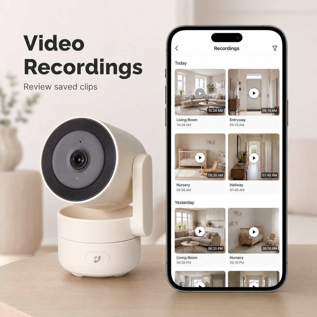 Video recordings app screen for indoor camera