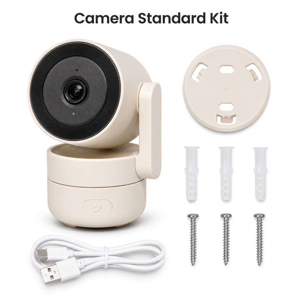 Studio packshot of standard camera kit with accessories