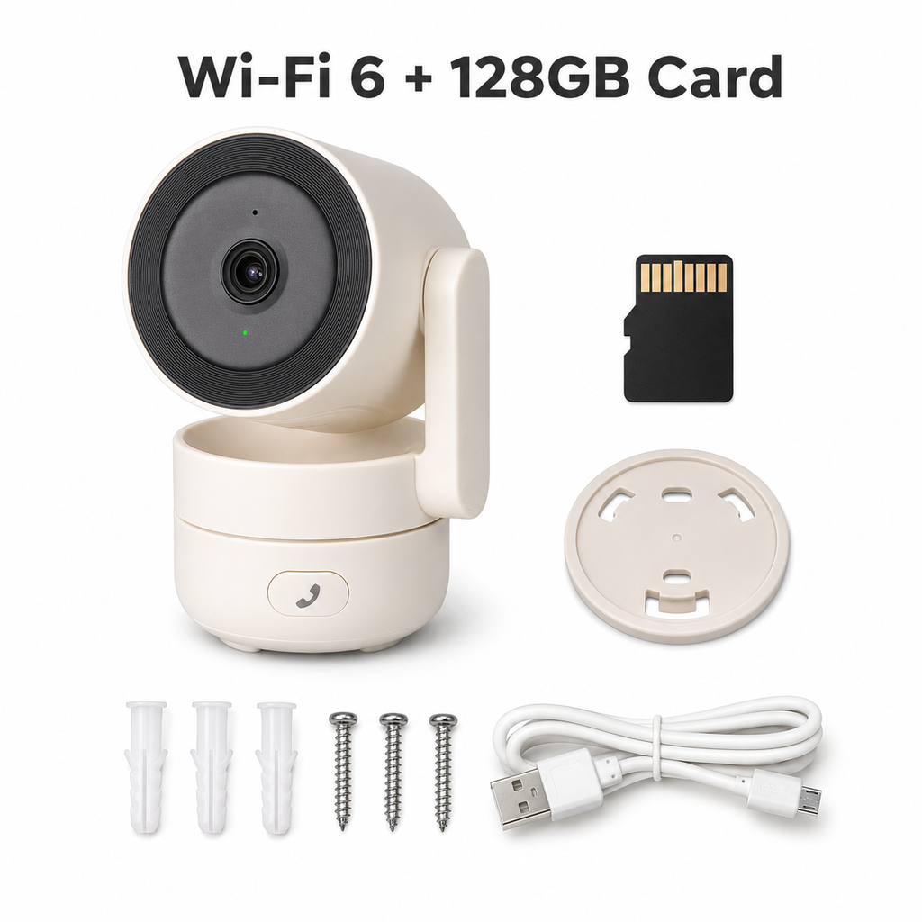 Studio packshot of Wi-Fi 6 camera kit with 128GB memory card