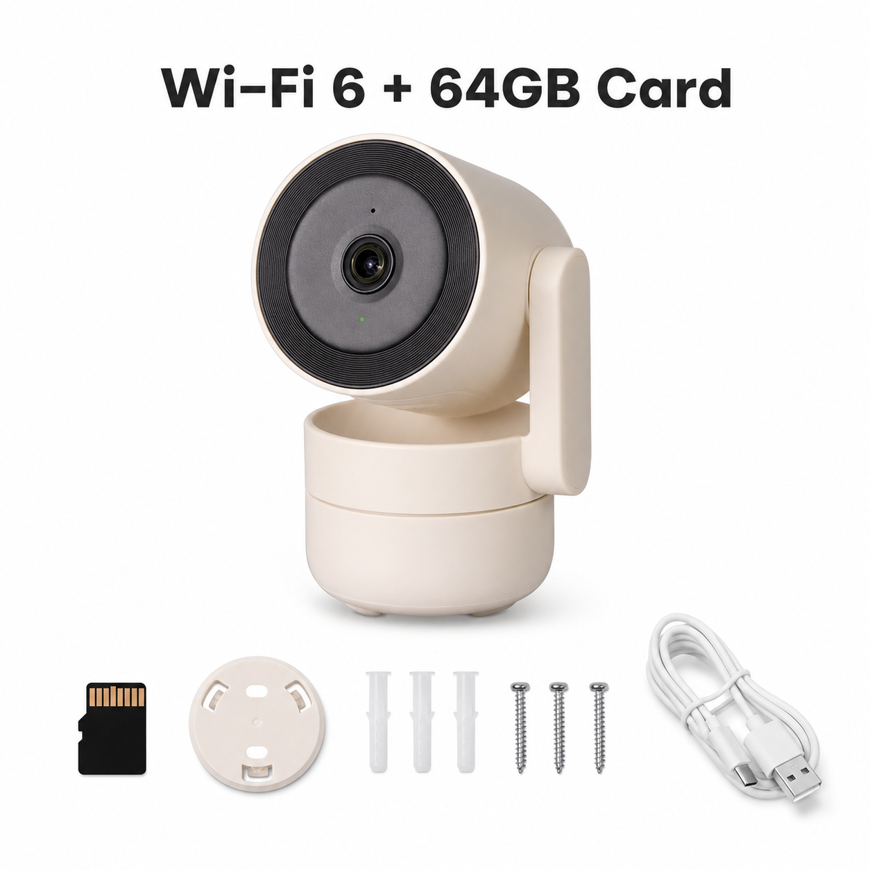 Studio packshot of Wi-Fi 6 camera kit with 64GB memory card
