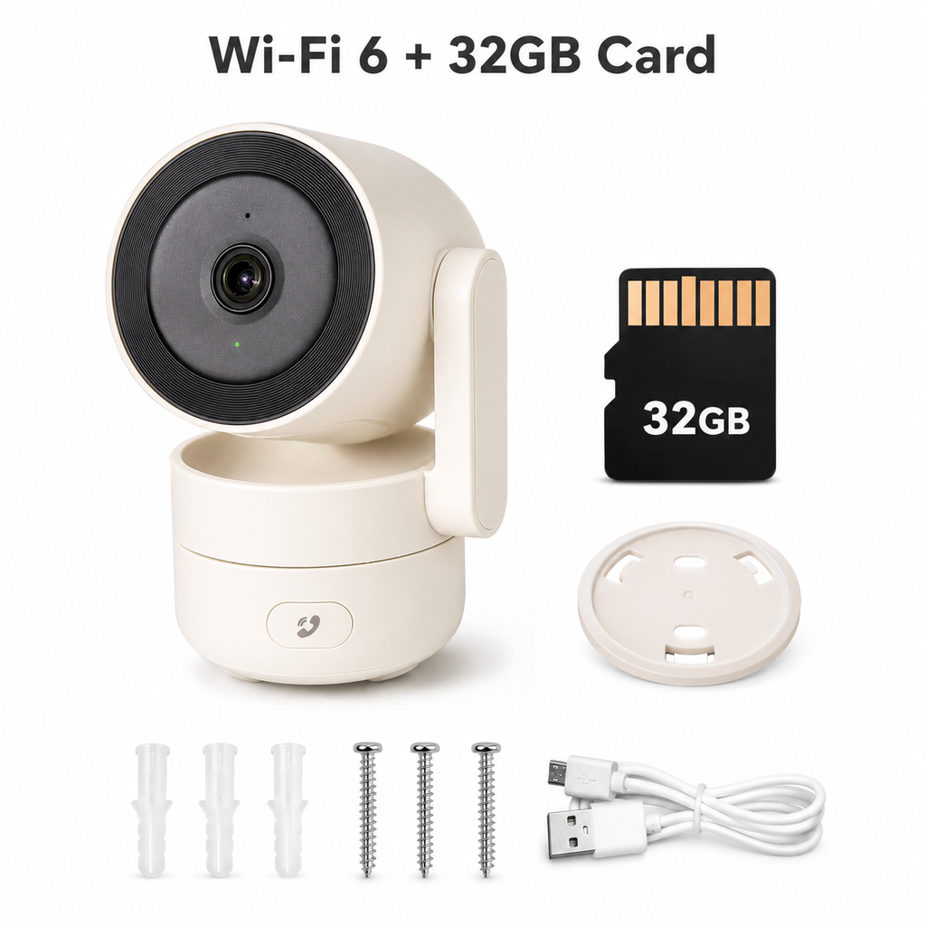 Studio packshot of Wi-Fi 6 camera kit with 32GB memory card