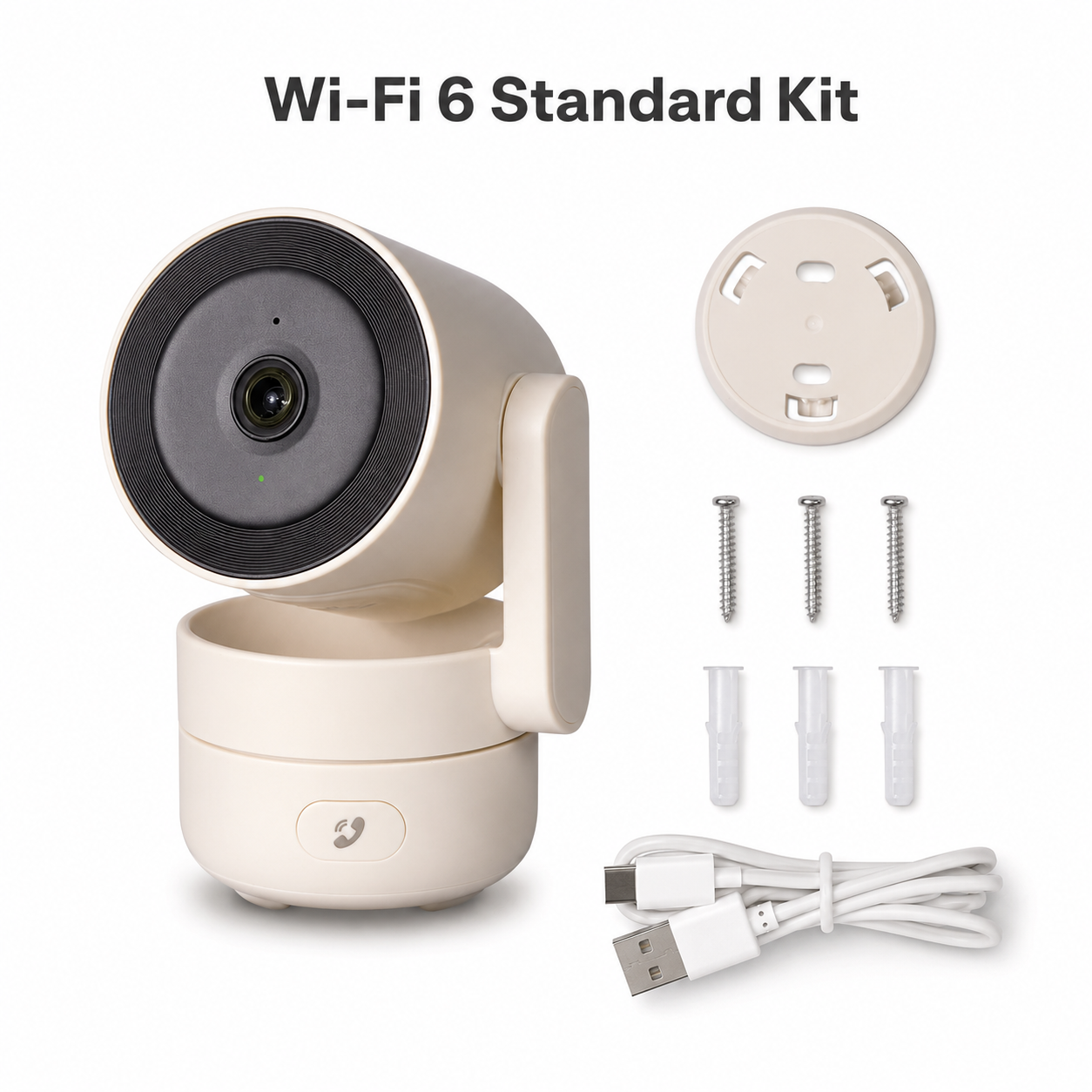 Studio packshot of Wi-Fi 6 standard camera kit with accessories