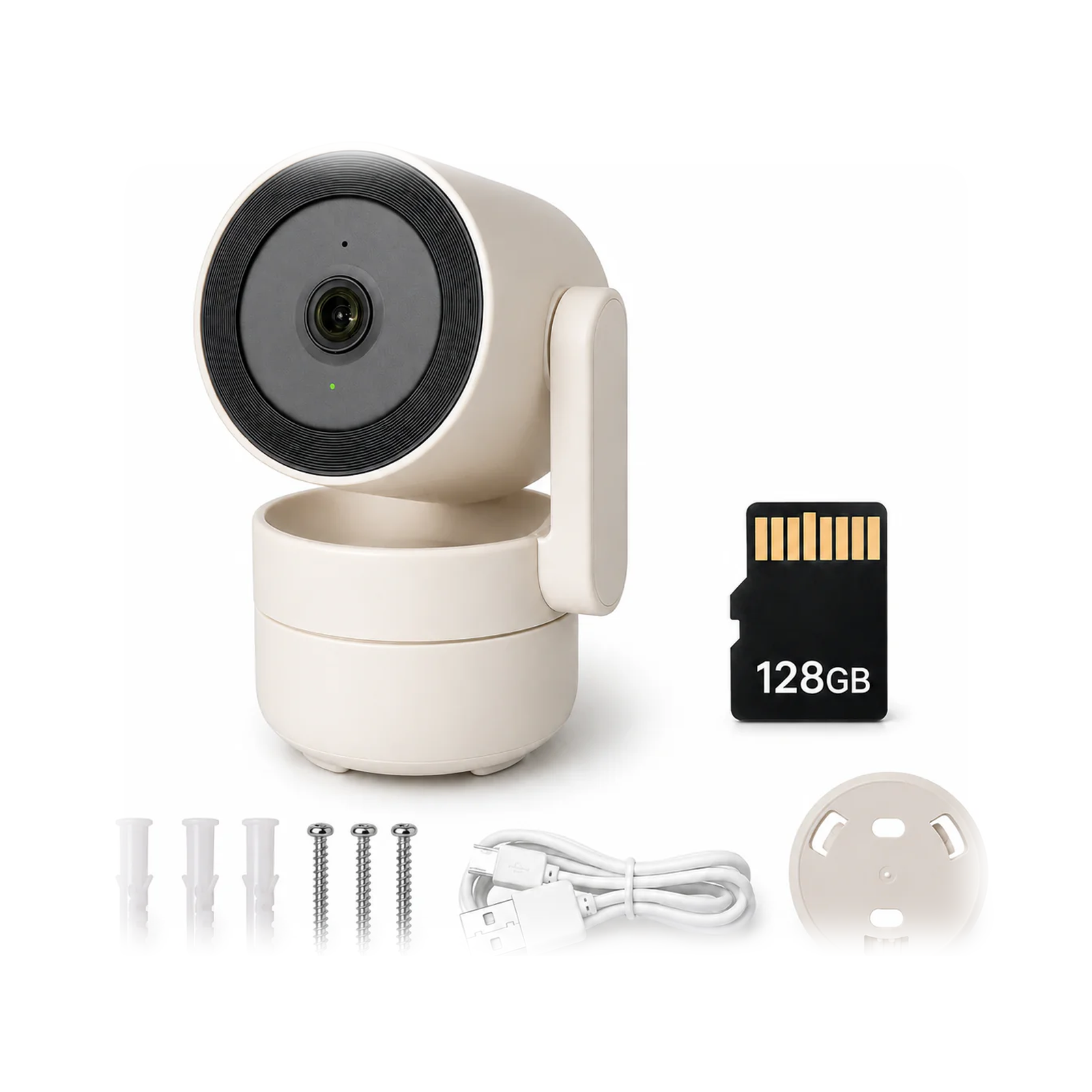 Cam?ra int?rieure Neocam avec carte microSD 128 Go et accessoires sur fond blanc
