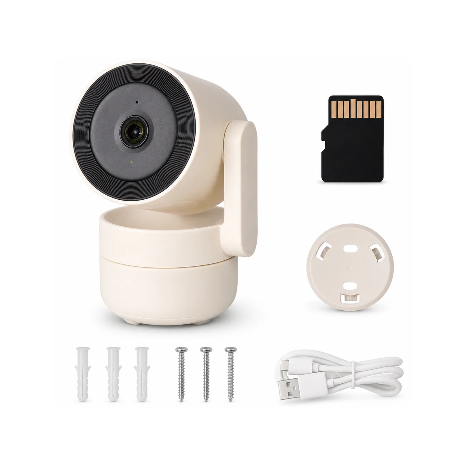 Cam?ra int?rieure Neocam avec carte microSD 32 Go et accessoires sur fond blanc