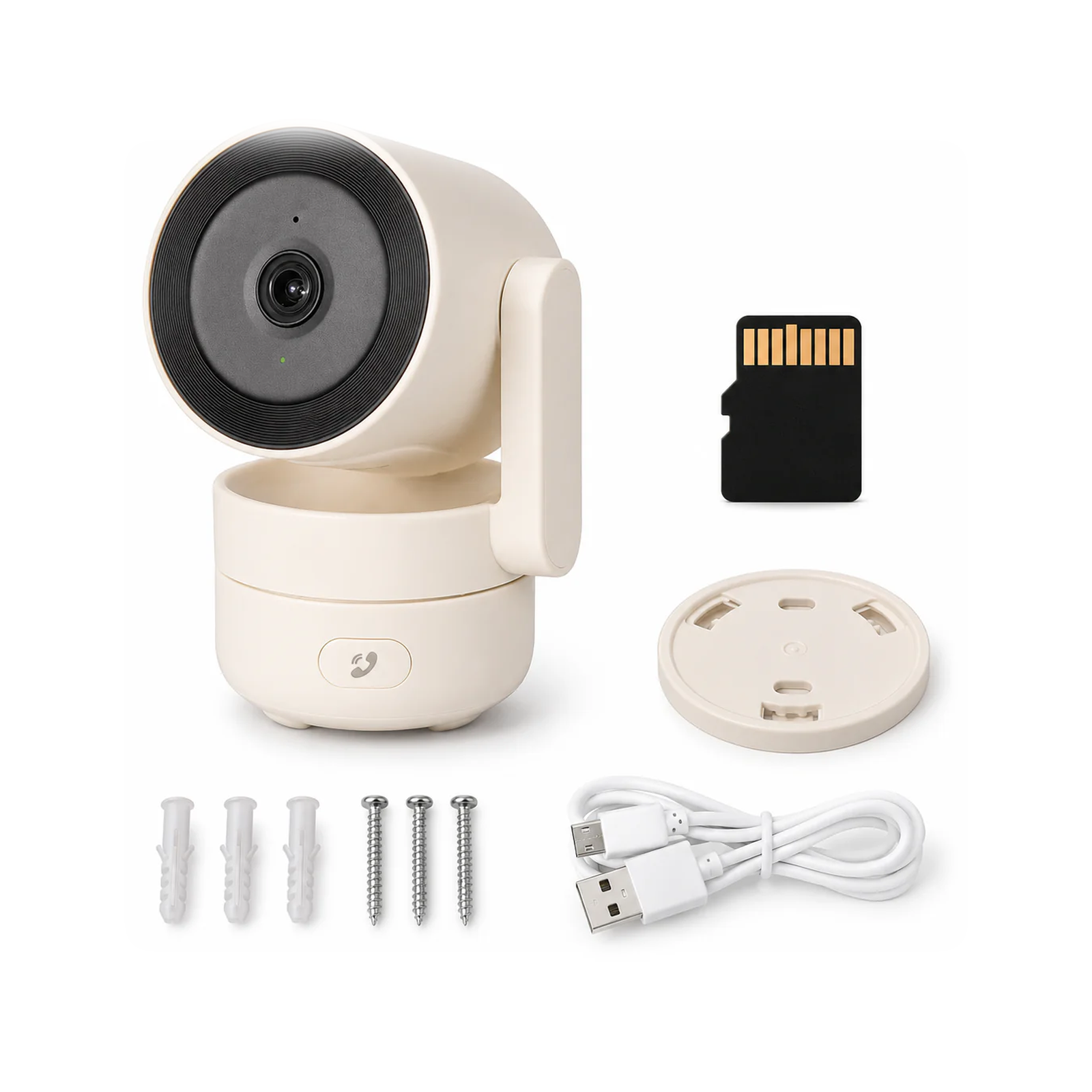 Cam?ra int?rieure Neocam avec carte microSD 64 Go et accessoires sur fond blanc