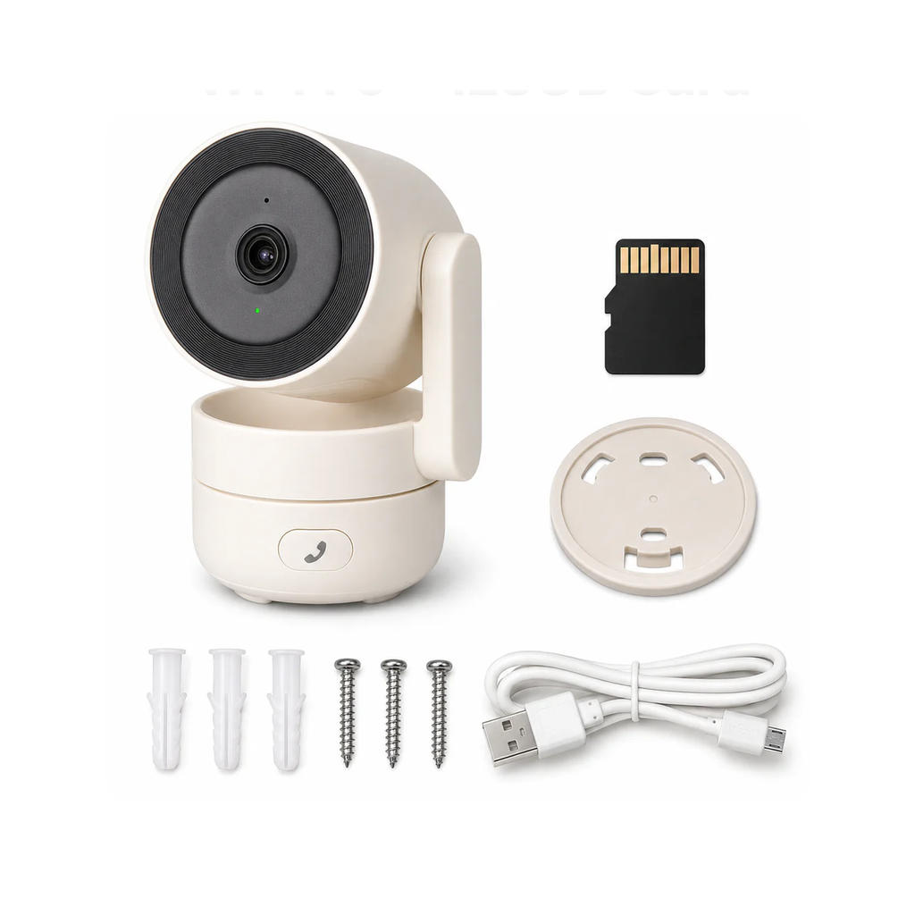 Cam?ra int?rieure Neocam Wi-Fi 6 avec carte microSD 128 Go et accessoires sur fond blanc