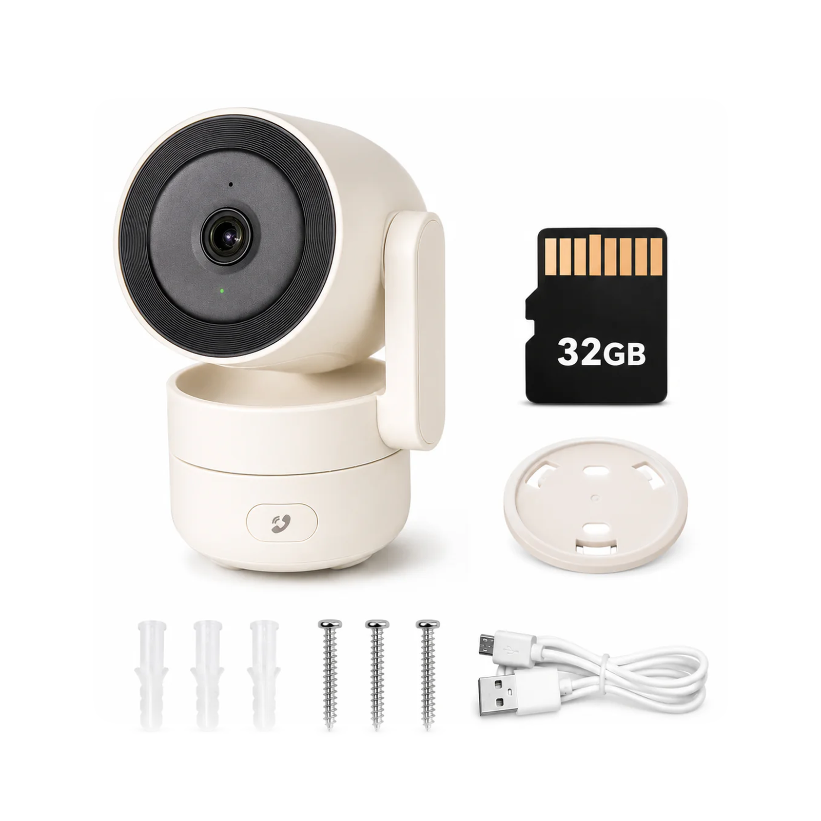 Cam?ra int?rieure Neocam Wi-Fi 6 avec carte microSD 32 Go et accessoires sur fond blanc