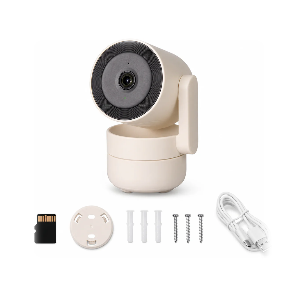 Cam?ra int?rieure Neocam Wi-Fi 6 avec carte microSD 64 Go et accessoires sur fond blanc