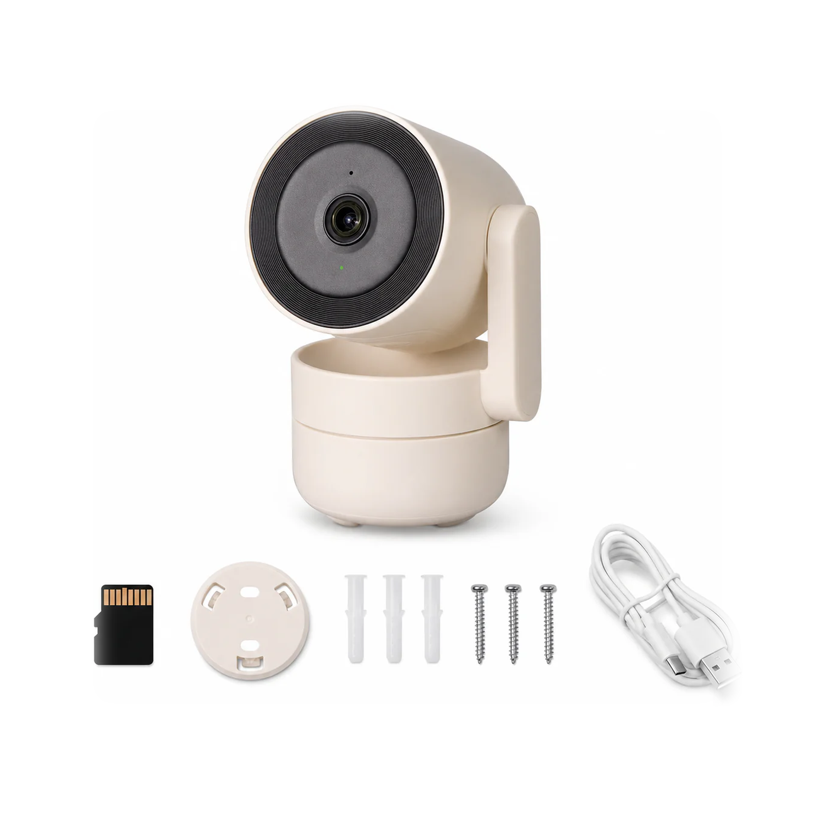Cam?ra int?rieure Neocam Wi-Fi 6 avec carte microSD 64 Go et accessoires sur fond blanc