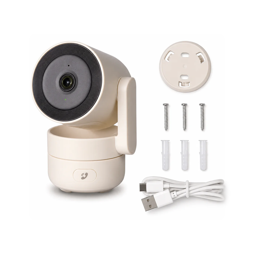 Cam?ra int?rieure Neocam Wi-Fi 6 kit standard avec accessoires sur fond blanc