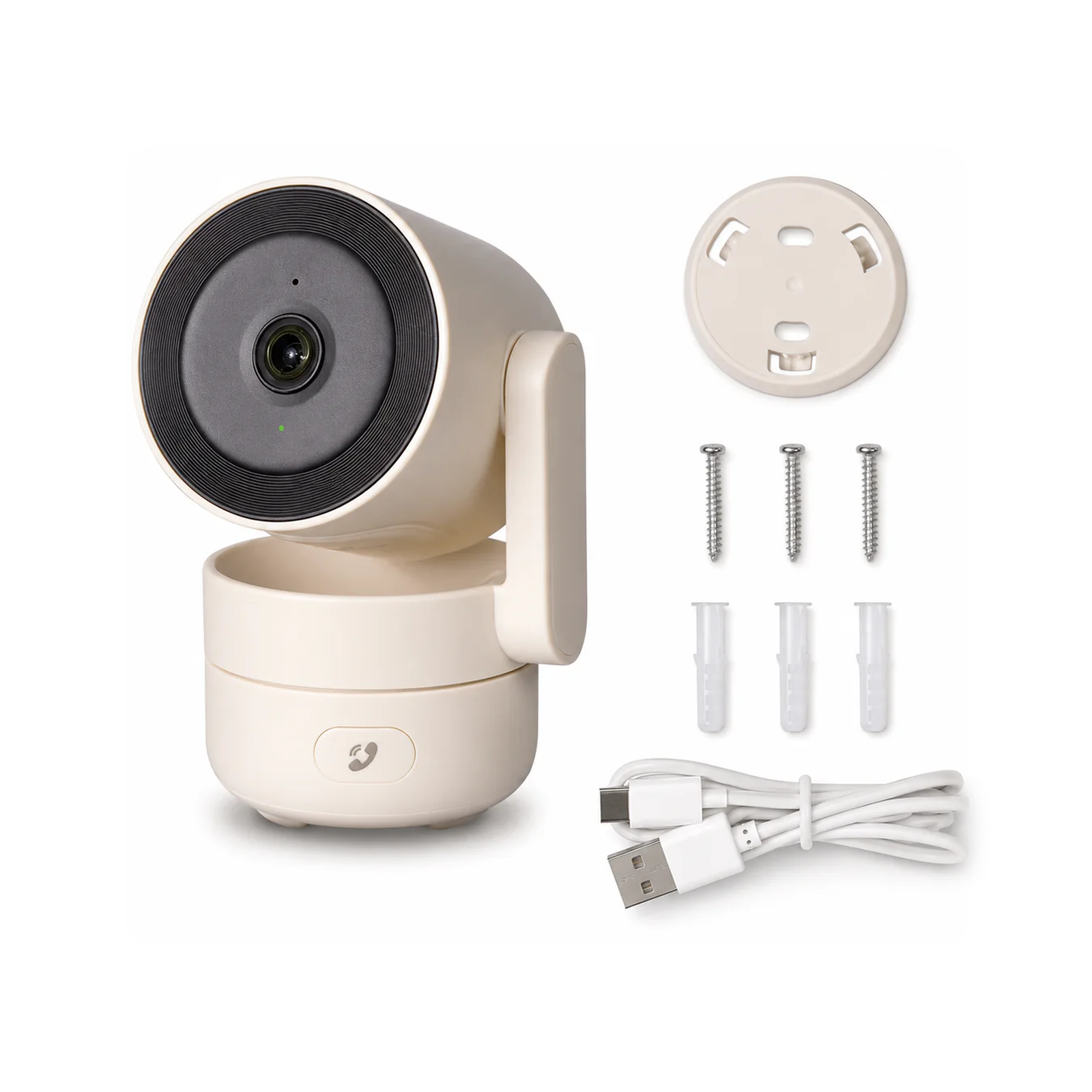 Cam?ra int?rieure Neocam Wi-Fi 6 kit standard avec accessoires sur fond blanc
