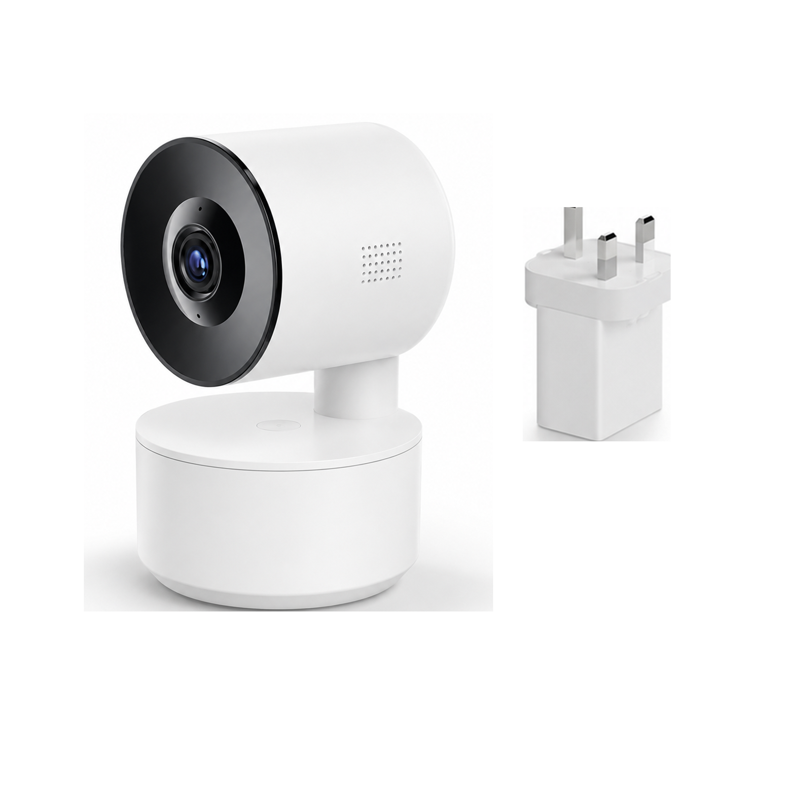 Caméra Wi-Fi PTZ NéoCam Comfort avec adaptateur secteur UK sur fond blanc