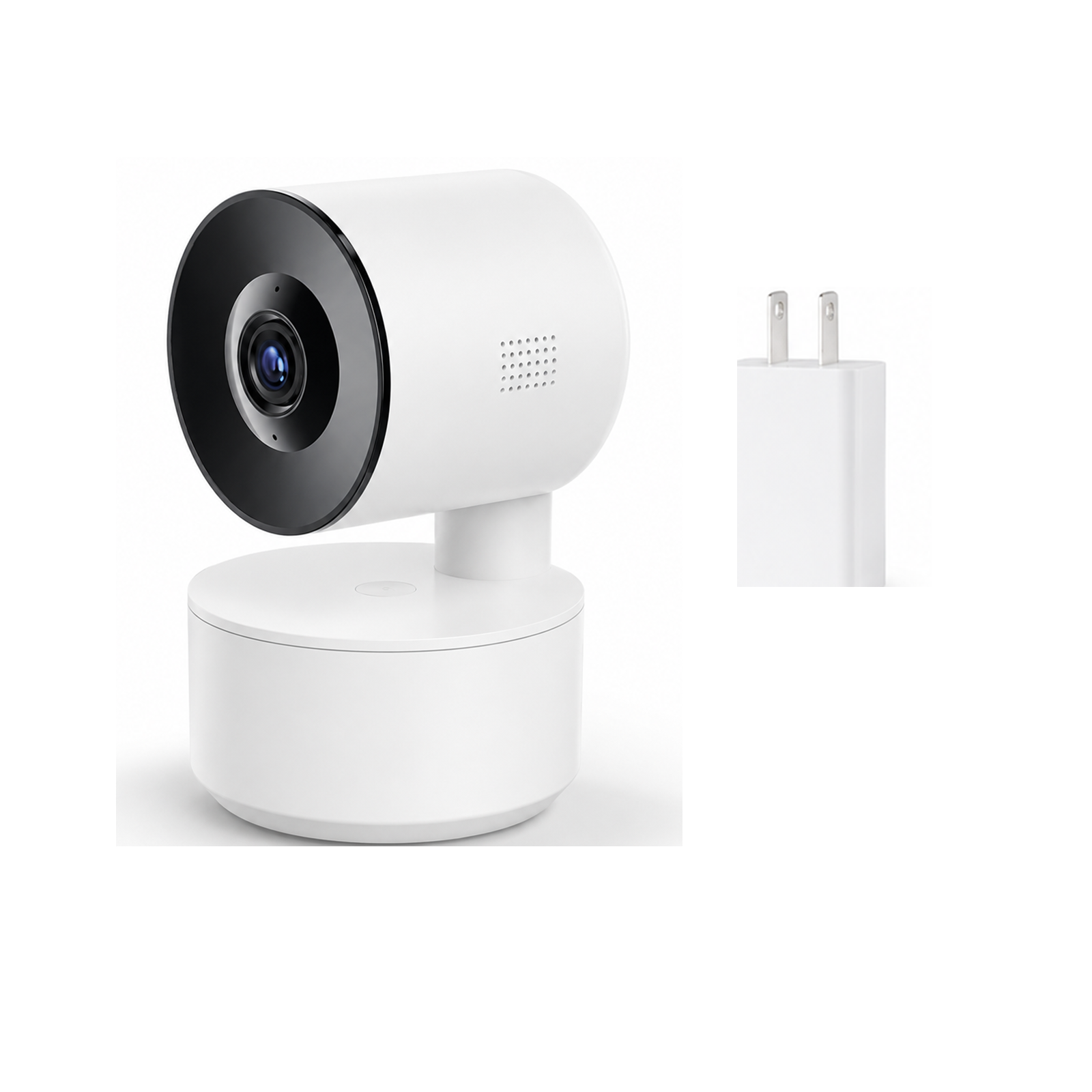 Caméra Wi-Fi PTZ NéoCam Comfort avec adaptateur secteur US sur fond blanc