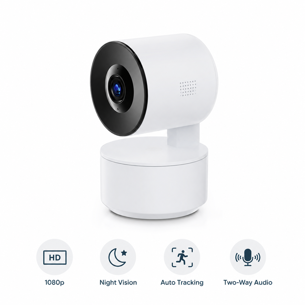 Clean packshot of WiFi indoor PTZ camera with generic feature icons