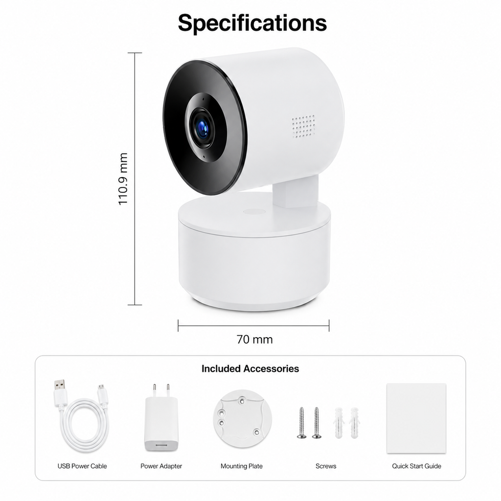 Angled dimension diagram of white PTZ camera with accessories