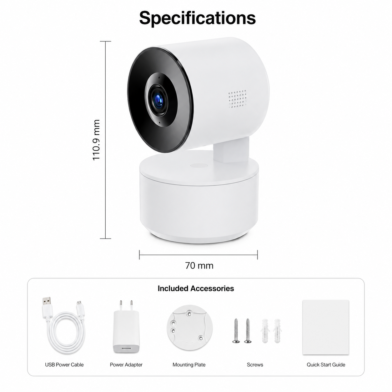Angled dimension diagram of white PTZ camera with accessories