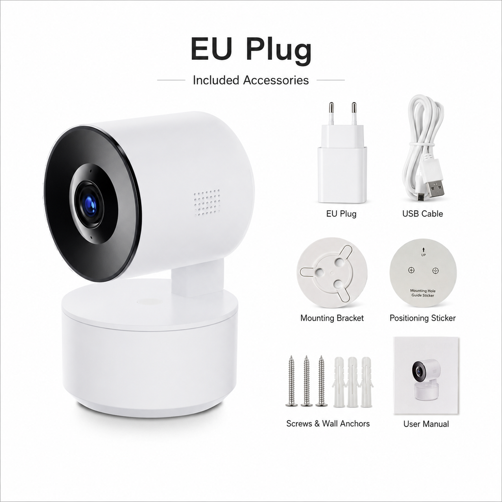EU plug variant packshot with white indoor PTZ camera and accessories