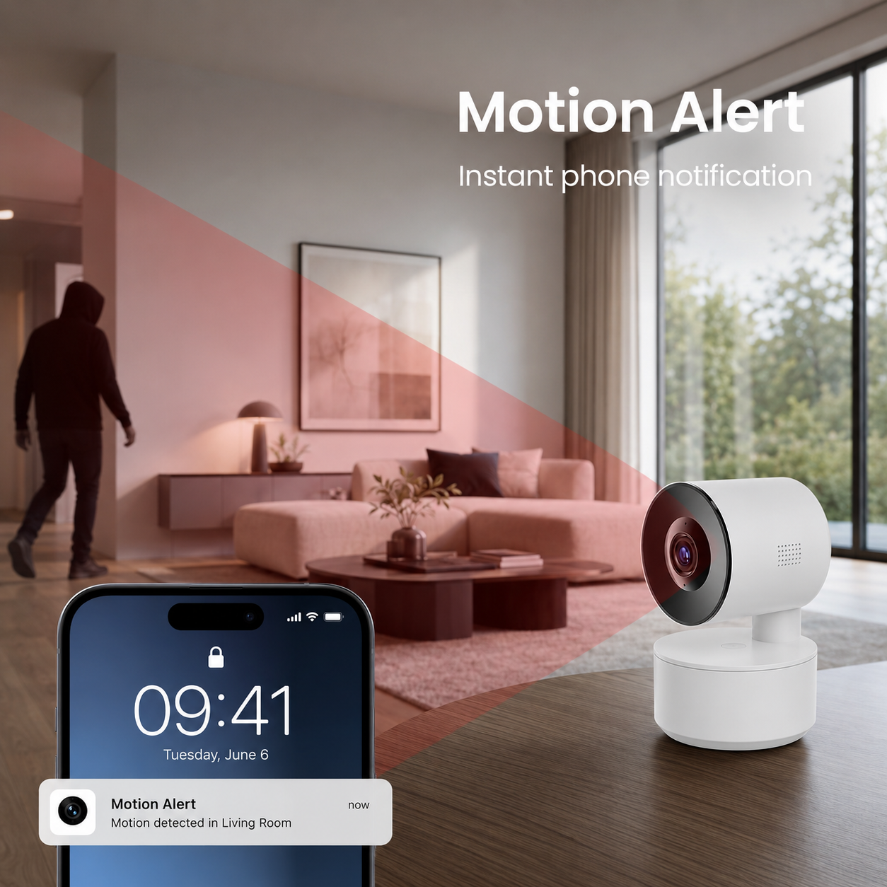 Motion alert feature visual with generic mobile notification for PTZ camera