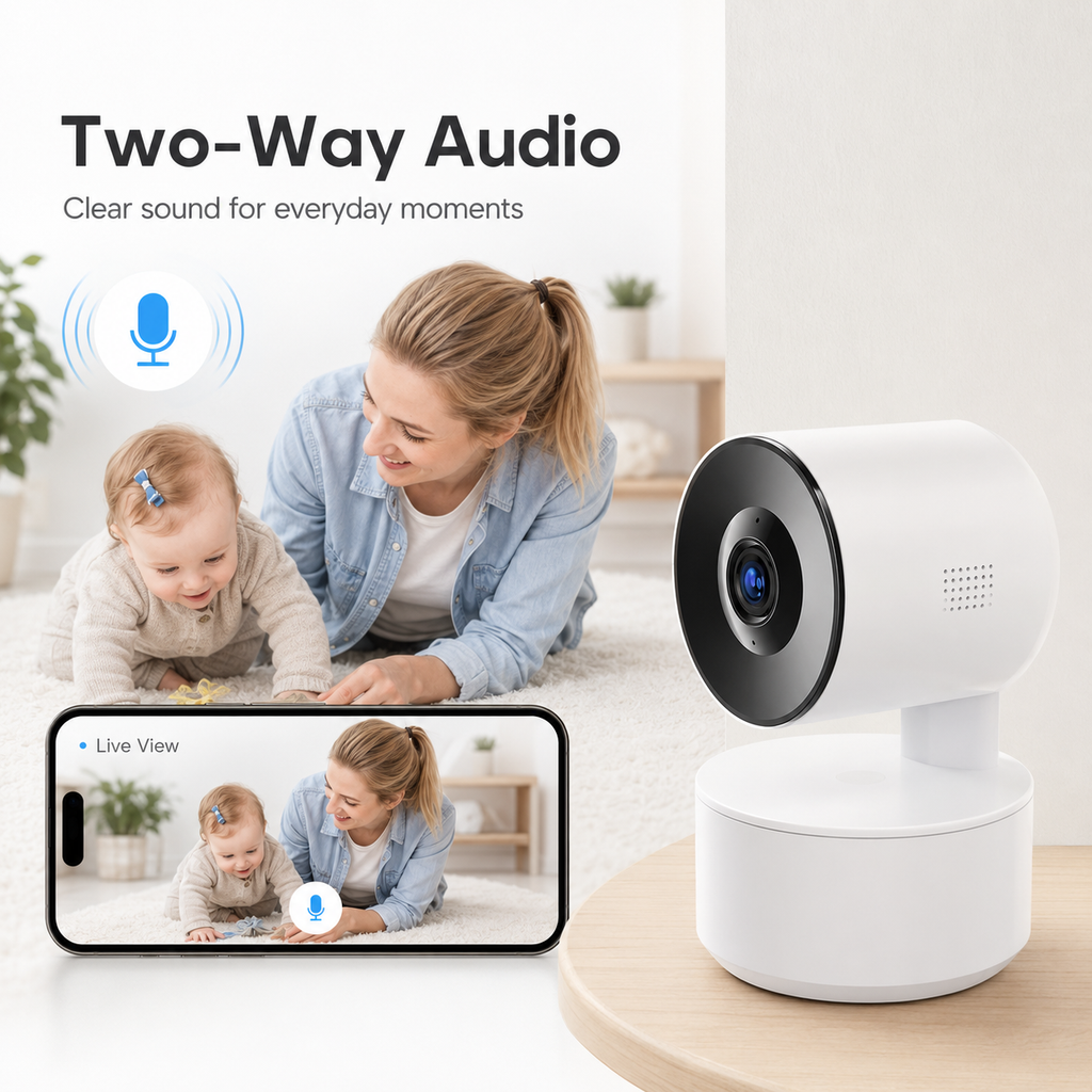 Two-way audio feature visual for indoor WiFi PTZ camera