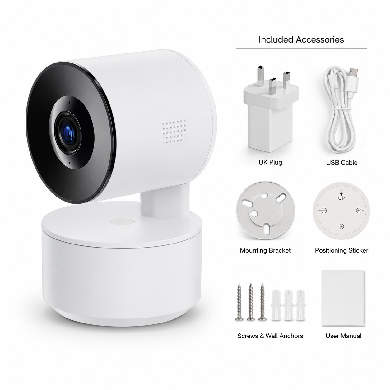 UK plug variant packshot with white indoor PTZ camera and accessories