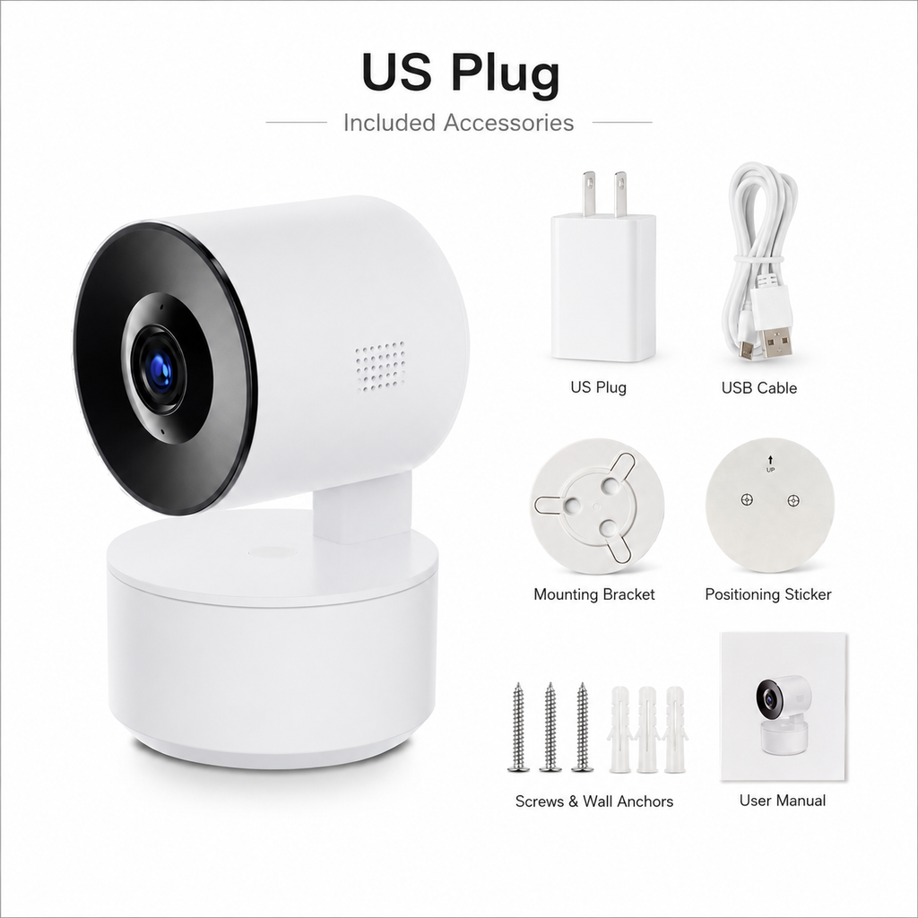US plug variant packshot with white indoor PTZ camera and accessories