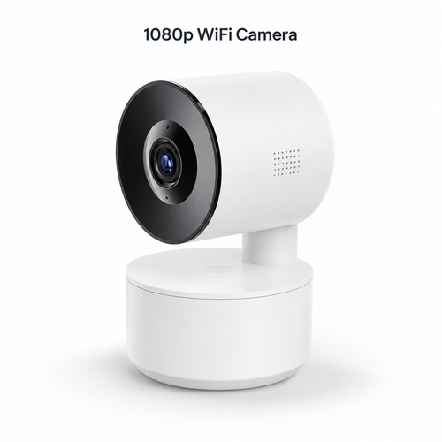 Studio packshot of white 1080p WiFi PTZ indoor camera