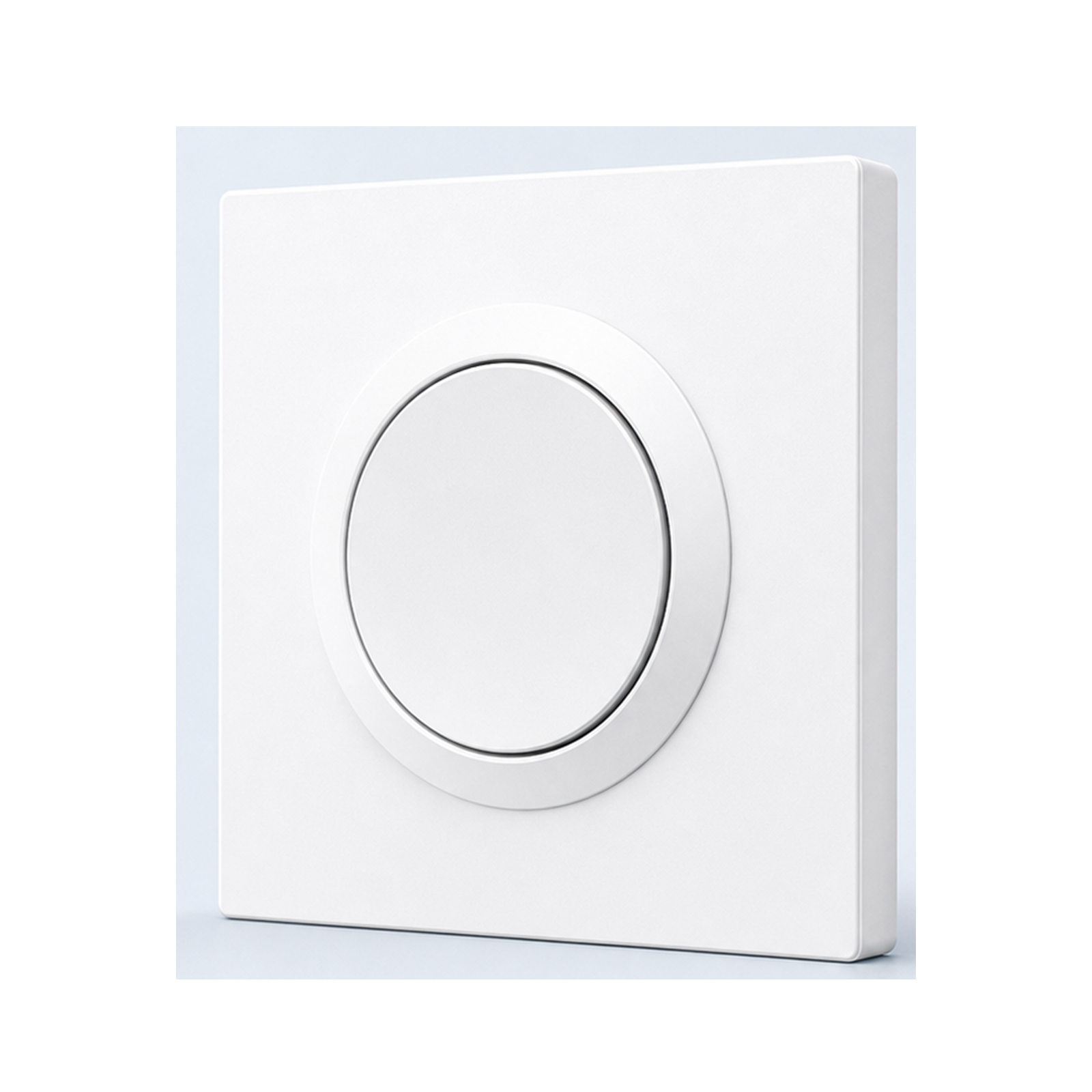 Boîtier d'interrupteur blanc NéoCase E1GS Pro avec bouton rond, vue en angle sur fond studio blanc.