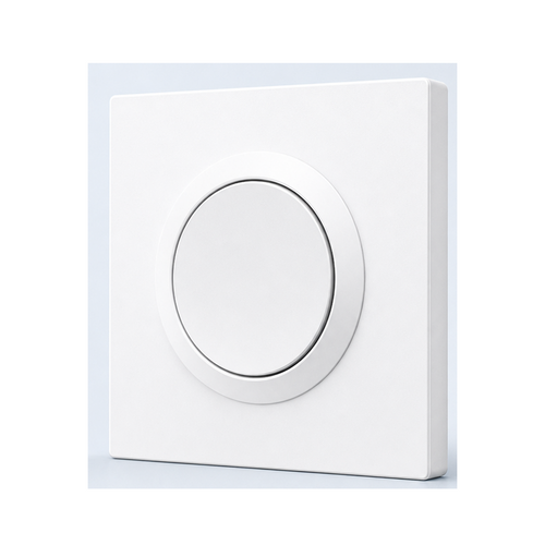 Boîtier d'interrupteur blanc NéoCase E1GS Pro avec bouton rond, vue en angle sur fond studio blanc.
