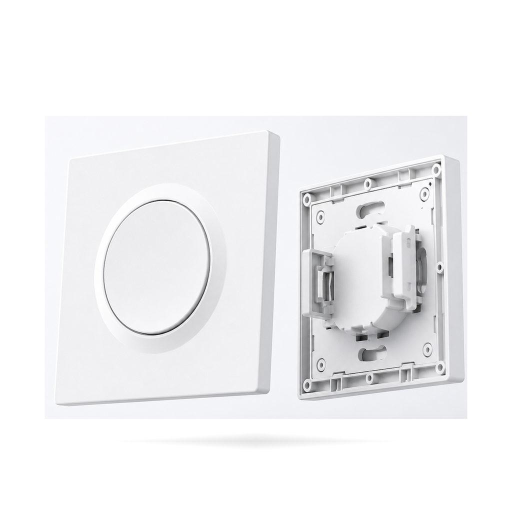 Boîtier NéoCase E1GS Pro blanc présenté avec façade et plaque arrière de fixation sur fond studio blanc.
